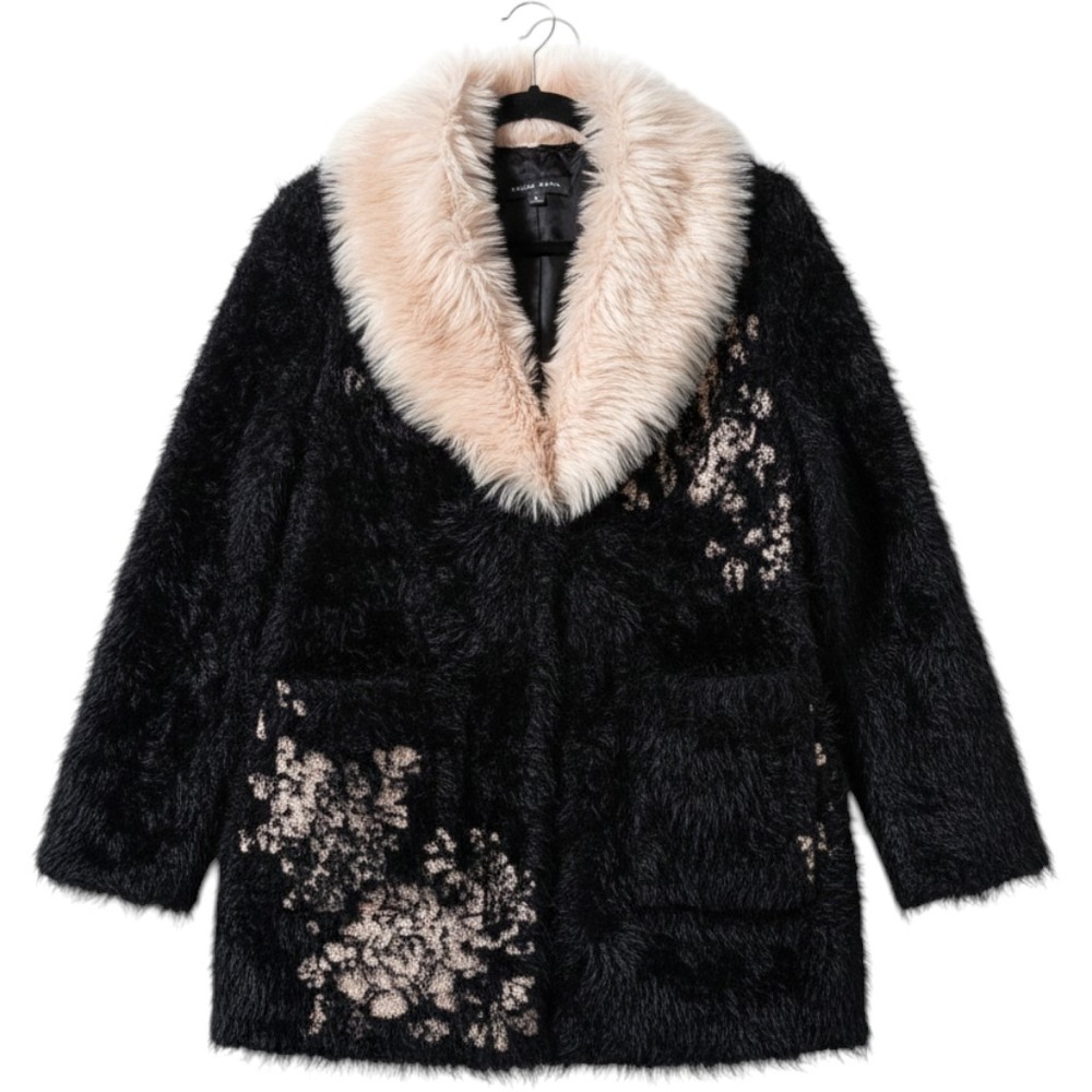 Black Rivet Faux Fur Collar Cardigan M Black Metallic Floral Eyelash Knit Glam